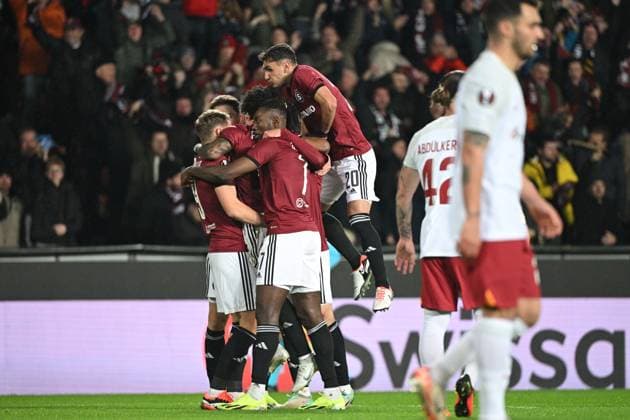 Angelo Preciado (Sparta), centre, celebrates with his teammates a goal in the Europa League 2nd round return leg match AC Sparta Prague vs Galatasaray Istanbul, Prague, February 22, 2024. (CTKxPhoto MichalxKamaryt) CTKPhotoP2024022209164  CTKPhotoP2024022209164