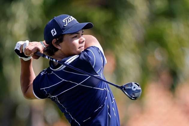 HOBE SOUND, FL - FEBRUARY 22: Charlie Woods, son of Tiger Woods, hits a tee shot during pre-qualifying for The Cognizant Classic in The Palm Beaches at Lost Lake Golf Club on February 22, 2024 in Hobe Sound, Florida. (Photo by Joe Robbins Icon Sportswire) GOLF: FEB 22 PGA, Golf Herren Cognizant Classic Pre-Qualifying EDITORIAL USE ONLY Icon573240222026