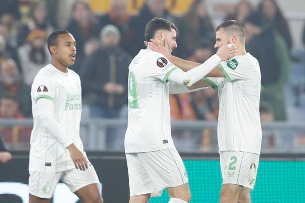 Santiago Gimenez (Feyenoord) celebrates after scoring his team s first goal with team mates, UEFA Europa League 2023 24 - Knockout Round Play-offs Second Leg, AS Roma vs Feyenoord, Olimpico Stadium, February 22, 2024, Rome, Italy.