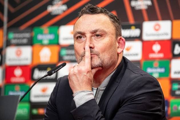 UEFA Europa League: SC Freiburg - RC Lens; 22.02.20224 Frank Haise (RC Lens, Cheftrainer, Head Coach), Pressekonferenz nach dem Spiel UEFA Europa League: SC Freiburg - RC Lens; Europa-Park-Stadion, Freiburg; 22.02.20224 Copyright: xBEAUTIFULxSPORTS Buriakovx