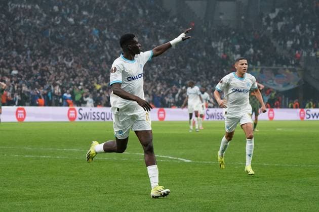 Joie - IsmaÃ¯la Sarr (Olympique de Marseille) FOOTBALL : Olympique de Marseille vs Chakhtar Donetsk - 16e de finale retour d Europa League - Marseille - 22 02 2024 NorbertScanella Panoramic 