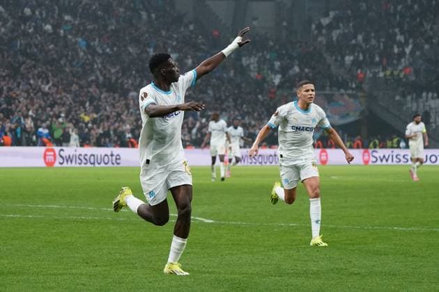 Joie - IsmaÃ¯la Sarr (Olympique de Marseille) FOOTBALL : Olympique de Marseille vs Chakhtar Donetsk - 16e de finale retour d Europa League - Marseille - 22 02 2024 NorbertScanella Panoramic 