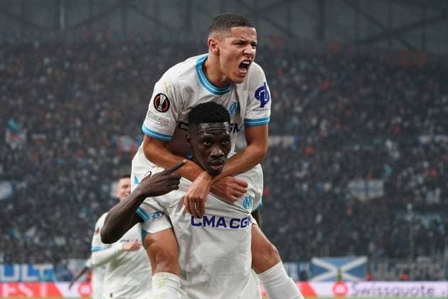 Joie - IsmaÃ¯la Sarr (Olympique de Marseille) - Amine Harit (Olympique de Marseille) FOOTBALL : Olympique de Marseille vs Chakhtar Donetsk - 16e de finale retour d Europa League - Marseille - 22 02 2024 NorbertScanella Panoramic 