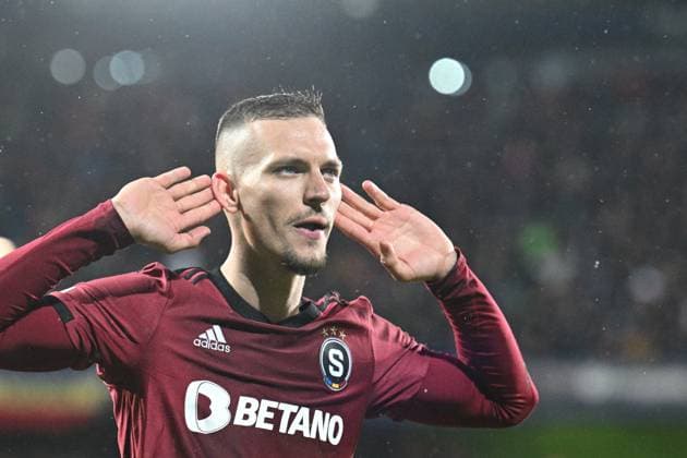 L-R Lukas Haraslin (Sparta) celebrates a goal in the Europa League 2nd round return leg match AC Sparta Prague vs Galatasaray Istanbul, Prague, February 22, 2024. (CTKxPhoto MichalxKamaryt) CTKPhotoP2024022209916  CTKPhotoP2024022209916