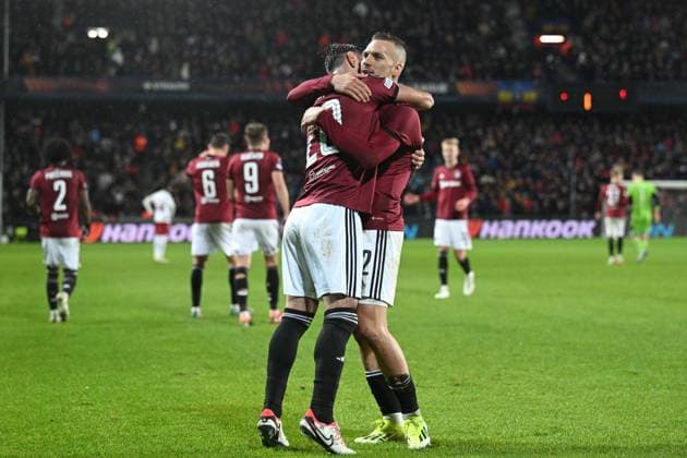 L-R Qazim Laci and Lukas Haraslin (Sparta) celebrate the third goal in the Europa League 2nd round return leg match AC Sparta Prague vs Galatasaray Istanbul, Prague, February 22, 2024. (CTKxPhoto MichalxKamaryt) CTKPhotoP2024022209972  CTKPhotoP2024022209972