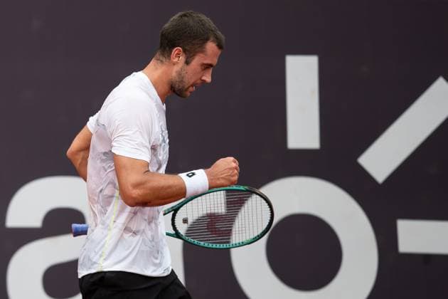 (240223) -- RIO DE JANEIRO, Feb. 23, 2024 -- Laslo Djere of Serbia celebrates during the round 16 match against Dusan Lajovic of Serbia at the 2024 ATP500 Rio Open at Jockey Club Brasileiro in Rio de Janeiro, Brazil, Feb. 22, 2024. ) (SP)BRAZIL-RIO DE JANEIRO-TENNIS-ATP500-RIO OPEN WangxTiancong 