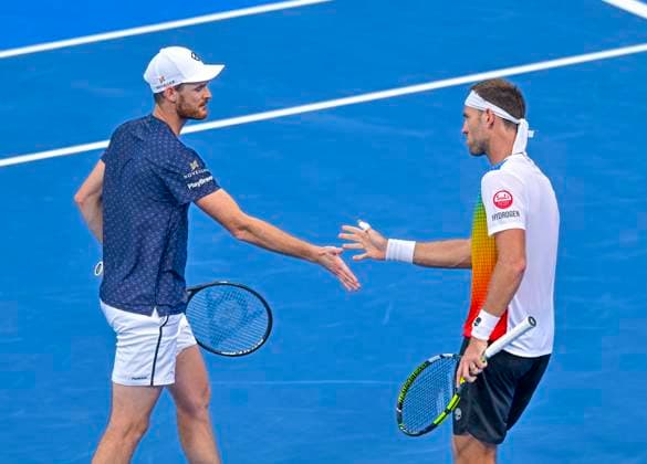ATP, Tennis Herren Qatar Exxonmobil Open Tennis Tournament 2024 Jamie Murray from Great Britain and Michael Venus from New Zealand are competing against Ariel Behar from Uruguay and Adam Pavlasek from the Czech Republic in their doubles semifinal match at the ATP Qatar ExxonMobil Open tennis tournament at the Khalifa International Tennis Complex in Doha, Qatar, on February 23, 2024. DOHA Qatar  Copyright: xNoushadxThekkayilx originalFilename:varittyakkal-atpqatar240223_npJzA.jpg