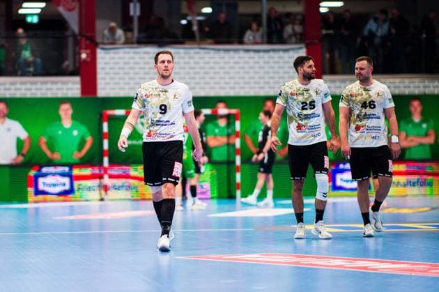 23.02.2024 - Handball, 2023 2024, 2. Bundesliga, 22. Spieltag, GWD Minden - HC Elbflorenz Dresden: (L-R) Julius Dierberg (Elbflorenz), Sebastian Greß (Elbflorenz), Jonas Thümmler (Elbflorenz)