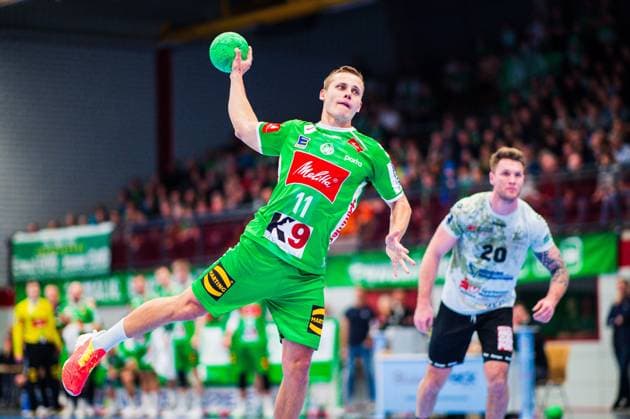23.02.2024 - Handball, 2023 2024, 2. Bundesliga, 22. Spieltag, GWD Minden - HC Elbflorenz Dresden: Mats Korte (Minden) beim Siebenmeter