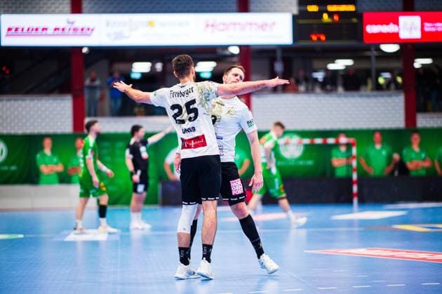 23.02.2024 - Handball, 2023 2024, 2. Bundesliga, 22. Spieltag, GWD Minden - HC Elbflorenz Dresden: (L-R) Sebastian Greß (Elbflorenz), Julius Dierberg (Elbflorenz)