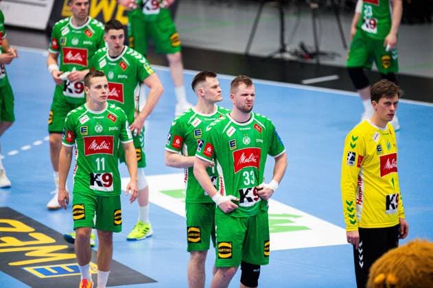23.02.2024 - Handball, 2023 2024, 2. Bundesliga, 22. Spieltag, GWD Minden - HC Elbflorenz Dresden: (L-R) Mats Korte (Minden), Sveinn Johannsson (Minden), Michael Schulz (Minden), Malte Semisch (Minden)