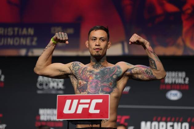 February 23, 2024, Mexico City, Ciudad de Mexico, Mexico: February 23, 2024, Mexico City, Mexico: Cristian Quinonez of Mexico poses on the scale during the UFC Fight Night ceremonial weigh-in at CDMX Arena. on February 23, 2024 in Mexico City, Mexico. Mexico City Mexico - ZUMAe321 20240223_zsa_e321_084 Copyright: xLuisxMarin xEyepixxGroupx