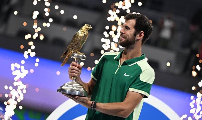 Bilder des Jahres 2024, Sport 02 Feburar Sport Themen der Woche KW08 Qatar ExxonMobil Open 2024 Winner 2024 Karen Khachanov (RUS) *** Qatar ExxonMobil Open 2024 Winner 2024 Karen Khachanov RUS