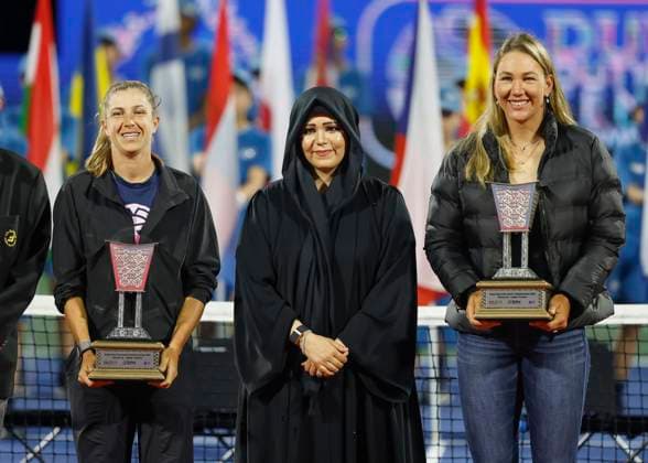 R-L.Finalisten Nicole Melchiar, Ellen Perez mit Sheikha Latifa, Damen Doppel, Siegerehrung, Praesentation Dubai Duty Free Tennis Championships, Dubai, U.A.E. Tennis - Dubai Tennis Championships 2024 - WTA, Tennis Damen 1000 - Dubai Duty Free Tennis Stadium - Dubai - - United Arab Emirates - 24 February 2024. Copyright: xJuergenxHasenkopfx