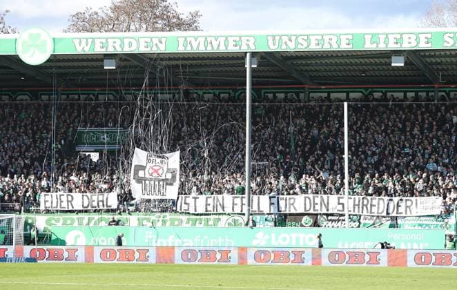 25.02.2024 - Fussball - Saison 2023 2024 - 2. Fussball - Bundesliga - 23. Spieltag: SpVgg Greuther Fürth ( Kleeblatt ) - 1. FC Nürnberg FCN ( Club ) Derby Frankenderby - Sportfoto Zink DaMa - xdaxmax - DFL regulations prohibit any use of photographs as image sequences and or quasi-video - only for editorial use - Choreografie der Kleeblattfans gegen die DFL und Investoren: Euer Deal ist ein Fall für den Schredder!