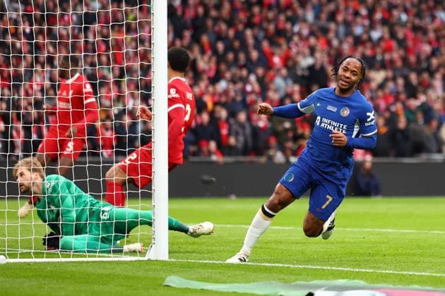 Sport Bilder des Tages 25th February 2024; Wembley Stadium, London, England; Carabao League Cup Final Football, Chelsea versus Liverpool; Raheem Sterling of Chelsea celebrates after he scores but it is disallowed for offside on a VAR review  ActionPlus12612066 ShaunxBrooks