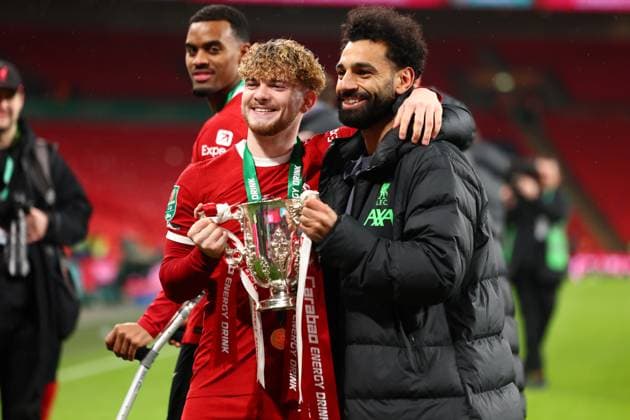 25th February 2024; Wembley Stadium, London, England; Carabao League Cup Final Football, Chelsea versus Liverpool; Harvey Elliott of Liverpool holds the Carabao League Cup final trophy with Mohamed Salah  ActionPlus12612096 ShaunxBrooks Content restricted for UK based newspaper