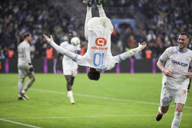 Sport Themen der Woche KW08 Sport Bilder des Tages Joie des joueurs de Marseille apres le but de AUBAMEYANG EMERICK 10 FOOTBALL : Marseille vs Montpellier - Ligue 1 - Marseille -25 02 2024 ElyxandroCegarra Panoramic 
