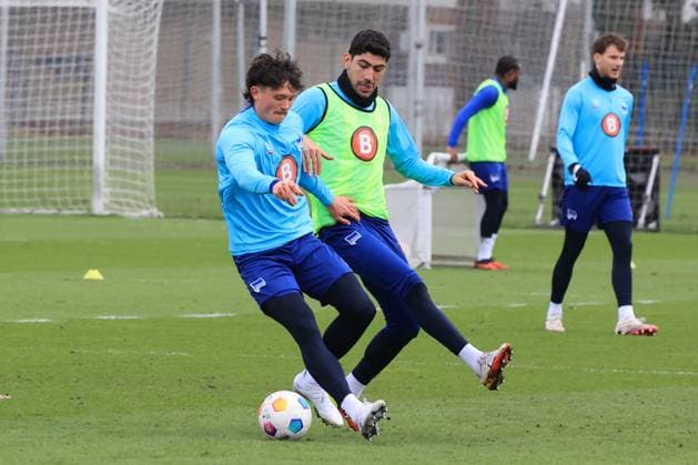 DEU, DFL, 2. FBL Hertha BSC, Training, 26.02.2024, Sportforum, Berlin, DEU, DFL, 2. FBL Hertha BSC, Training, im Bild Fabian Reese (Hertha BSC Berlin 11), Andreas Bouchalakis (Hertha BSC Berlin 5) DFL - regulations prohibit any use of Photographs as image sequences and or quasi-video Foto: Juergen Engler nordphoto GmbH