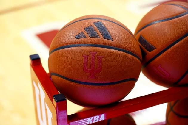 BLOOMINGTON, IN - FEBRUARY 22: The Indiana Hoosiers Logo on display on a Adidas basketball during a women™s college basketball game between the Iowa Hawkeyes and the Indiana Hoosiers on February 22, 2024 at Simon Skjodt Assembly Hall in Bloomington, IN. (Photo by Jeffrey Brown Icon Sportswire) COLLEGE BASKETBALL: FEB 22 Women s - Iowa at Indiana EDITORIAL USE ONLY Icon022224033