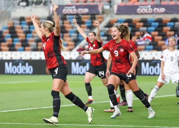 HOUSTON, TX - FEBRUARY 28: Canada defender Shelina Zadorsky (4) celebrates her goal in the first half during the CONCACAF Womens Gold Cup Group C - Canada vs Costa Rica on February 28, 2024 at Shell Energy Stadium in Houston, Texas. (Photo by Leslie Plaza Johnson Icon Sportswire) SOCCER: FEB 28 CONCACAF Womens Gold Cup Group C - Canada vs Costa Rica EDITORIAL USE ONLY Icon240228016