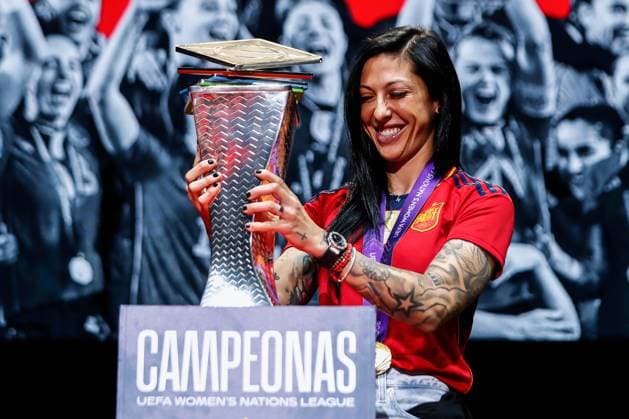 February 29, 2024: Jenni Hermoso of Spain poses with the trophy during the celebration of the Spain Women Team after winning the UEFA Women s Nations League at Palacio Vistalegre on February 29, 2024 inÃ‚ Madrid,Ã‚ Spain. - ZUMAa181 20240229_zaa_a181_014 Copyright: xIrinaxR.Hipolitox