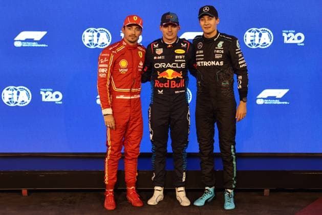 F1 Bahrain Grand Prix 2024 Qualifying Charles Leclerc of Ferrari, Max Verstappen of Red Bull Racing and George Russell of Mercedes after qualifying ahead of the Formula 1 Bahrain Grand Prix at Sakhir Circuit in Sakhir, Bahrain on March 1, 2024. Sakhir Bahrain  Copyright: xJakubxPorzyckix originalFilename:porzycki-f1bahrai240301_npHEk.jpg