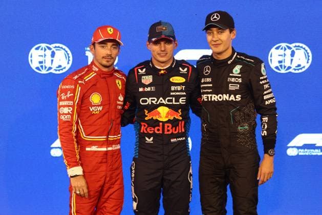 F1 Bahrain Grand Prix 2024 Qualifying Charles Leclerc of Ferrari, Max Verstappen of Red Bull Racing and George Russell of Mercedes after qualifying ahead of the Formula 1 Bahrain Grand Prix at Sakhir Circuit in Sakhir, Bahrain on March 1, 2024. Sakhir Bahrain  Copyright: xJakubxPorzyckix originalFilename:porzycki-f1bahrai240301_npPYm.jpg