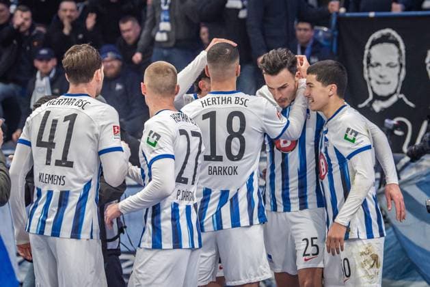 2. Fußball Bundesliga, Hertha BSC vs Holstein Kiel. Berlin, 01.03.2024 Jubel zum 1:0 durch Haris Tabakovic (Hertha BSC, 25), Ibrahim Maza (Hertha BSC, 30) 2. Fußball Bundesliga, Hertha BSC vs Holstein Kiel, Olympiastadion, Berlin, 01.03.2024 DFL REGULATIONS PROHIBIT ANY USE OF PHOTOGRAPHS AS IMAGE SEQUENCES AND OR QUASI-VIDEO.