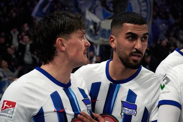 Tor zum 1:0 durch Haris Tabakovic (Hertha BSC, 25), Hertha BSC Berlin, jubelt, Fabian Reese (Hertha BSC, 11), Aymane Barkok (Hertha BSC, 18), GER, Hertha BSC vs. Holstein Kiel, Fussball Herren, 2. Bundesliga, Saison 2023 2024, 24. Spieltag, 01.03.2024. (DFL REGULATIONS PROHIBIT ANY USE OF PHOTOGRAPHS AS IMAGE SEQUENCES AND OR QUASI - VIDEO). GER, Hertha BSC vs. Holstein Kiel, Fussball Herren, 2. Bundesliga, Saison 2023 2024, 24. Spieltag, 01.03.2024. Berlin