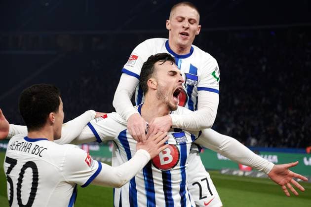 Haris Tabakovic (Hertha BSC, 25) jubelt ueber sein Tor zum 2:0, GER, Hertha BSC vs. Holstein Kiel, Fussball Herren, 2. Bundesliga, Saison 2023 2024, 24. Spieltag, 01.03.2024. (DFL REGULATIONS PROHIBIT ANY USE OF PHOTOGRAPHS AS IMAGE SEQUENCES AND OR QUASI - VIDEO). GER, Hertha BSC vs. Holstein Kiel, Fussball Herren, 2. Bundesliga, Saison 2023 2024, 24. Spieltag, 01.03.2024. Berlin