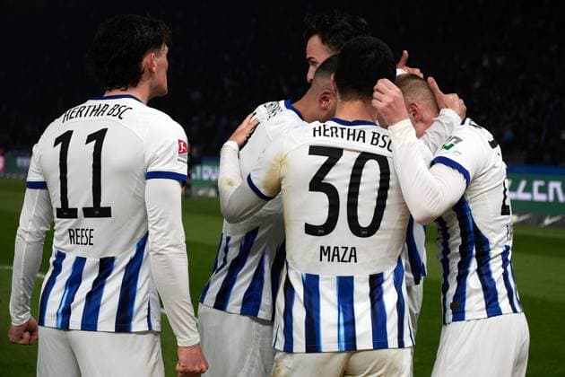 Hertha BSC Berlin jubelt ueber Tor zum 2:0, GER, Hertha BSC vs. Holstein Kiel, Fussball Herren, 2. Bundesliga, Saison 2023 2024, 24. Spieltag, 01.03.2024. (DFL REGULATIONS PROHIBIT ANY USE OF PHOTOGRAPHS AS IMAGE SEQUENCES AND OR QUASI - VIDEO). GER, Hertha BSC vs. Holstein Kiel, Fussball Herren, 2. Bundesliga, Saison 2023 2024, 24. Spieltag, 01.03.2024. Berlin