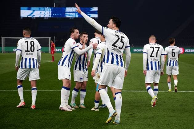 Hertha BSC Berlin jubelt ueber Tor zum 2:0, von Haris Tabakovic (Hertha BSC, 25), GER, Hertha BSC vs. Holstein Kiel, Fussball Herren, 2. Bundesliga, Saison 2023 2024, 24. Spieltag, 01.03.2024. (DFL REGULATIONS PROHIBIT ANY USE OF PHOTOGRAPHS AS IMAGE SEQUENCES AND OR QUASI - VIDEO). GER, Hertha BSC vs. Holstein Kiel, Fussball Herren, 2. Bundesliga, Saison 2023 2024, 24. Spieltag, 01.03.2024. Berlin