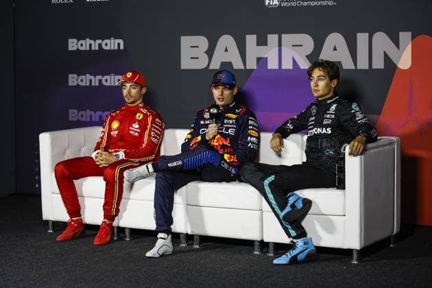 VERSTAPPEN Max (ned), Red Bull Racing RB20, portrait LECLERC Charles (mco), Scuderia Ferrari SF-24, portrait RUS press conference, PK, Pressekonferenz during the Formula 1 Gulf Air Bahrain Grand Prix 2024, 1st round of the 2024 FIA Formula One World Championship, WM, Weltmeisterschaft from February 29 to March 2, 2024 on the Bahrain International Circuit, in Sakhir, Bahrain - F1 - BAHRAIN GRAND PRIX 2024 DPPI Panoramic  240301_R01_BAHRAIN__BR34672