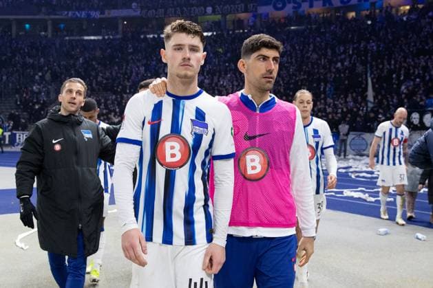 01.03.2024, xtgx, Fussball 2. Bundesliga, Hertha BSC - Holstein Kiel emspor, v.l. Linus Gechter (Hertha, 44), Andreas Bouchalakis (Hertha, 5) enttaeuscht, schaut enttaeuscht, niedergeschlagen, disappointed (DFL DFB REGULATIONS PROHIBIT ANY USE OF PHOTOGRAPHS as IMAGE SEQUENCES and or QUASI-VIDEO) Berlin