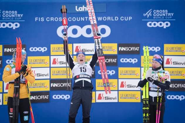 Bilder des Jahres 2024, Sport 03 März Sport Themen der Woche KW09 Sport Bilder des Tages Victoria Carl of Germany, Krista Pärmäkoski of Finland and Kerttu Niskanen of Finland at the podium during the Women’s FIS Cross-Country World Cup Classic 20km race on March 2, 2024 in Lahti, Finland. (Kalle Parkkinen Newspix24)  Copyright: xKallexParkkinenx np24kp211312638