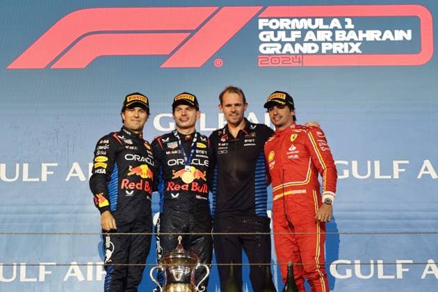 F1 Bahrain Grand Prix 2024 Sergio Perez, Max Verstappen of Red Bull Racing and Carlos Sainz of Ferrari at podium after the Formula 1 Bahrain Grand Prix at Sakhir Circuit in Sakhir, Bahrain on March 2, 2024. Sakhir Bahrain  Copyright: xJakubxPorzyckix originalFilename:porzycki-f1bahrai240302_npA9P.jpg