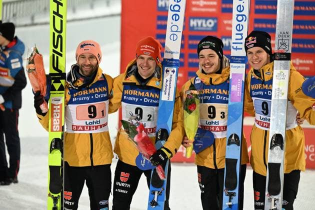 Sport Themen der Woche KW09 Sport Bilder des Tages Pius Paschke, Stephan Leyhe, Philipp Raimund and Andreas Wellinger of Germany celebrate placing third in men s HS130 Ski jumping, Skispringen, Ski, nordisch team competition at the FIS Nordic World Cup Lahti Ski Games in Lahti, Finland, on March 2, 2024. Lahti Finland LKFTJK20240302192732BVTC  Copyright: xJussixNukarix LKFTJK20240302192732BVTC