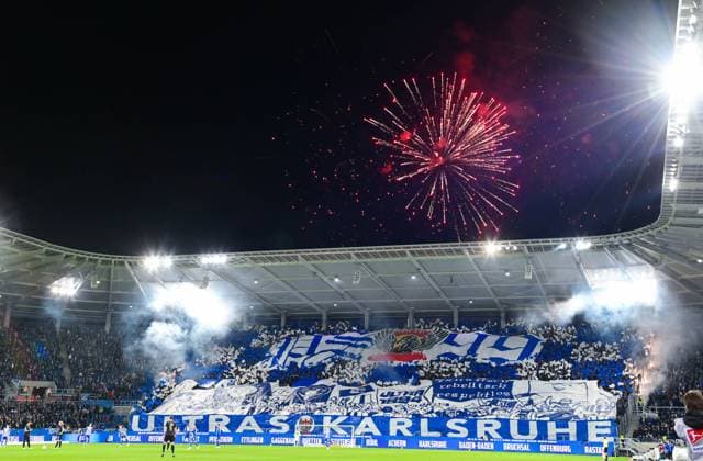 Germany, Karlsruhe, 02.03.2024, BBBank Wildpark, Karlsruher SC vs SpVgg Greuther Fuerth - 2. Bundesliga, . firework over the stadium before the match Karlsruhe BBBank Wildpark Baden-Wuerttemberg Germany