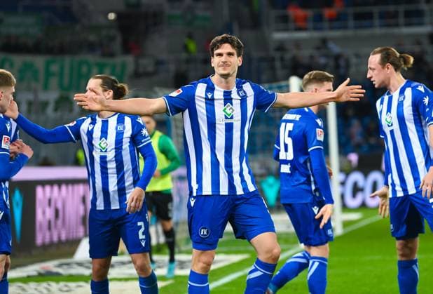 Germany, Karlsruhe, 02.03.2024, BBBank Wildpark, Karlsruher SC vs SpVgg Greuther Fuerth - 2. Bundesliga, Igor Matanovic (Karlsruher SC) celebrates his goal Karlsruhe BBBank Wildpark Baden-Wuerttemberg Germany