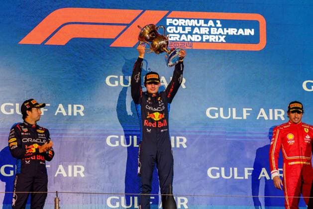 Formel 1 GP Bahrain. Samstag 02.03.2024 Podium in Bahrian mit: Sergio Perez 11, Oracle Red Bull Racing, Max Verstappen 1, Oracle Red Bull Racing, Carlos Sainz 55, Scuderia Ferrari; Formel 1 GP Bahrain. Samstag 02.03.2024 Copyright: xBEAUTIFULxSPORTS Erlhofx