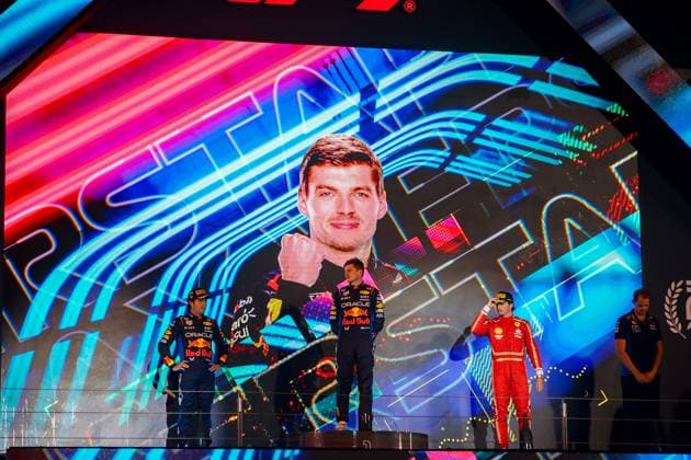 Formel 1 GP Bahrain. Samstag 02.03.2024 Podium, Max Verstappen 1, Oracle Red Bull RacingSergio Perez 11, Oracle Red Bull RacingCarlos Sainz 55, Scuderia Ferrari; Formel 1 GP Bahrain. Samstag 02.03.2024 Copyright: xBEAUTIFULxSPORTS Erlhofx