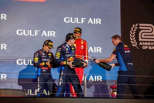 Formel 1 GP Bahrain. Samstag 02.03.2024 Podium in Bahrian mit: Sergio Perez 11, Oracle Red Bull Racing, Max Verstappen 1, Oracle Red Bull Racing, Carlos Sainz 55, Scuderia Ferrari; Formel 1 GP Bahrain. Samstag 02.03.2024 Copyright: xBEAUTIFULxSPORTS Erlhofx