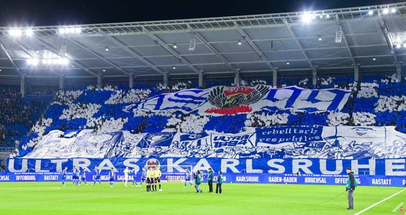 Germany, Karlsruhe, 02.03.2024, BBBank Wildpark, Karlsruher SC vs SpVgg Greuther Fuerth - 2. Bundesliga, . choreography of the Karlsruher SC fans before the match Karlsruhe BBBank Wildpark Baden-Wuerttemberg Germany