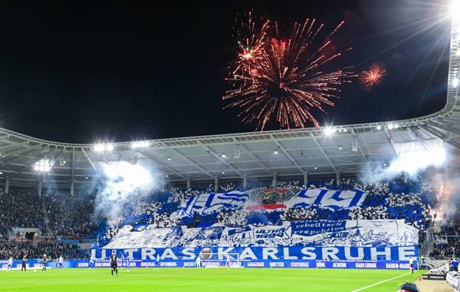 Germany, Karlsruhe, 02.03.2024, BBBank Wildpark, Karlsruher SC vs SpVgg Greuther Fuerth - 2. Bundesliga, . choreography and firework of the Karlsruher SC fans before the match Karlsruhe BBBank Wildpark Baden-Wuerttemberg Germany