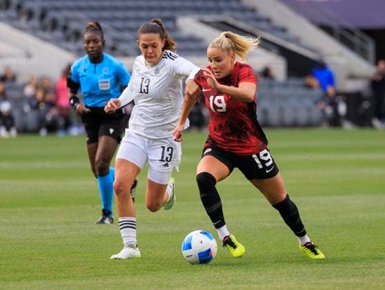 March 2, 2024, Carson, California, USA: Adriana Leon 19 of Canada is defended by Emilie Valenciano 13 of Costa Rica during the 2024 Concacaf W Gold Cup Quarterfinal match on Saturday March 2, 2024 at BMO Stadium, in Los Angeles California. JAVIER ROJAS PI Carson U.S - ZUMAp124 20240302_zaa_p124_004 Copyright: xJavierxRojasx
