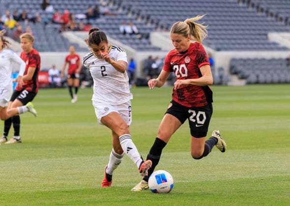 March 2, 2024, Carson, California, USA: Cloe Lacasse 20 of Canada is defended by Gabriela Guillen 2 of Costa Rica during the 2024 Concacaf W Gold Cup Quarterfinal match on Saturday March 2, 2024 at BMO Stadium, in Los Angeles California. JAVIER ROJAS PI Carson U.S - ZUMAp124 20240302_zaa_p124_005 Copyright: xJavierxRojasx