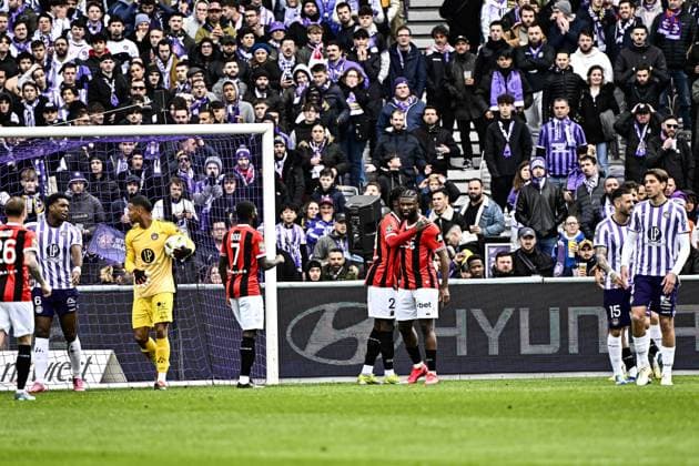 Joie but Terem Moffi (ogc) FOOTBALL : Toulouse vs Nice - 24eme Journee de Ligue1 UBEREATS - Toulouse - 03 03 2024 ThierryBreton Panoramic 