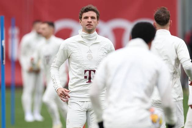 Thomas Mueller 25 (FC Bayern Muenchen) beim Abschlusstraining, Abschlusstraining, FC Bayern Muenchen, Champions League, Fussball, Achtelfinale, Rueckspiel, 04.03.2024 Muenchen Bayern Deutschland