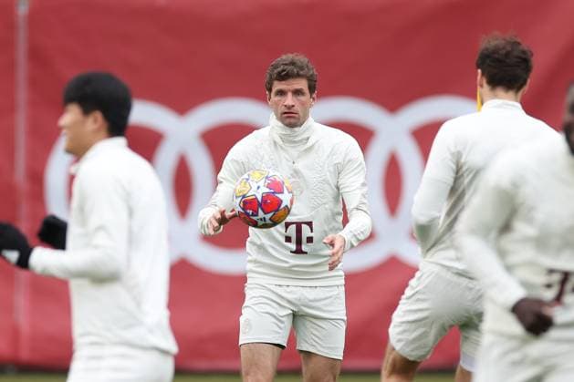 Thomas Mueller 25 (FC Bayern Muenchen) beim Abschlusstraining, Abschlusstraining, FC Bayern Muenchen, Champions League, Fussball, Achtelfinale, Rueckspiel, 04.03.2024 Muenchen Bayern Deutschland